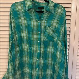 Lane Bryant Teal and Yellow Plaid Shirt